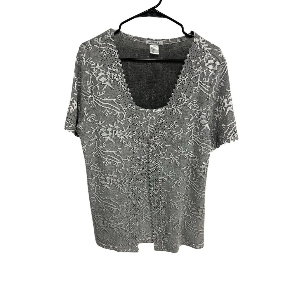 Belle Amie Gray Floral Lace Top Short Sleeve Button Size XL Coquette Romantic